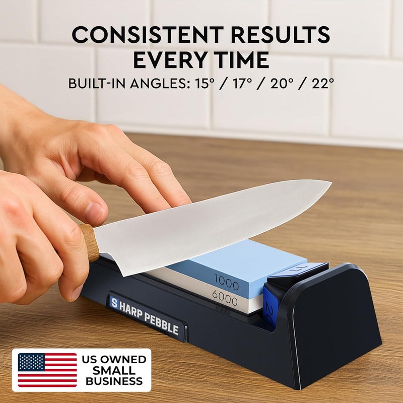 Sharp Pebble Knife Sharpening Stone Kit-Grit 1000/6000 Wet Stone-Built In Angle Guides 15/17/20/22 Degrees- Professional Whetstone Knife Sharpener Stone Set with Plastic Base - Image 2